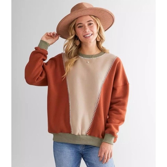 Buckle Tops - BKE Buckle Color Block Pullover Sweatshirt Large Olive Tan Rust Fall Warm